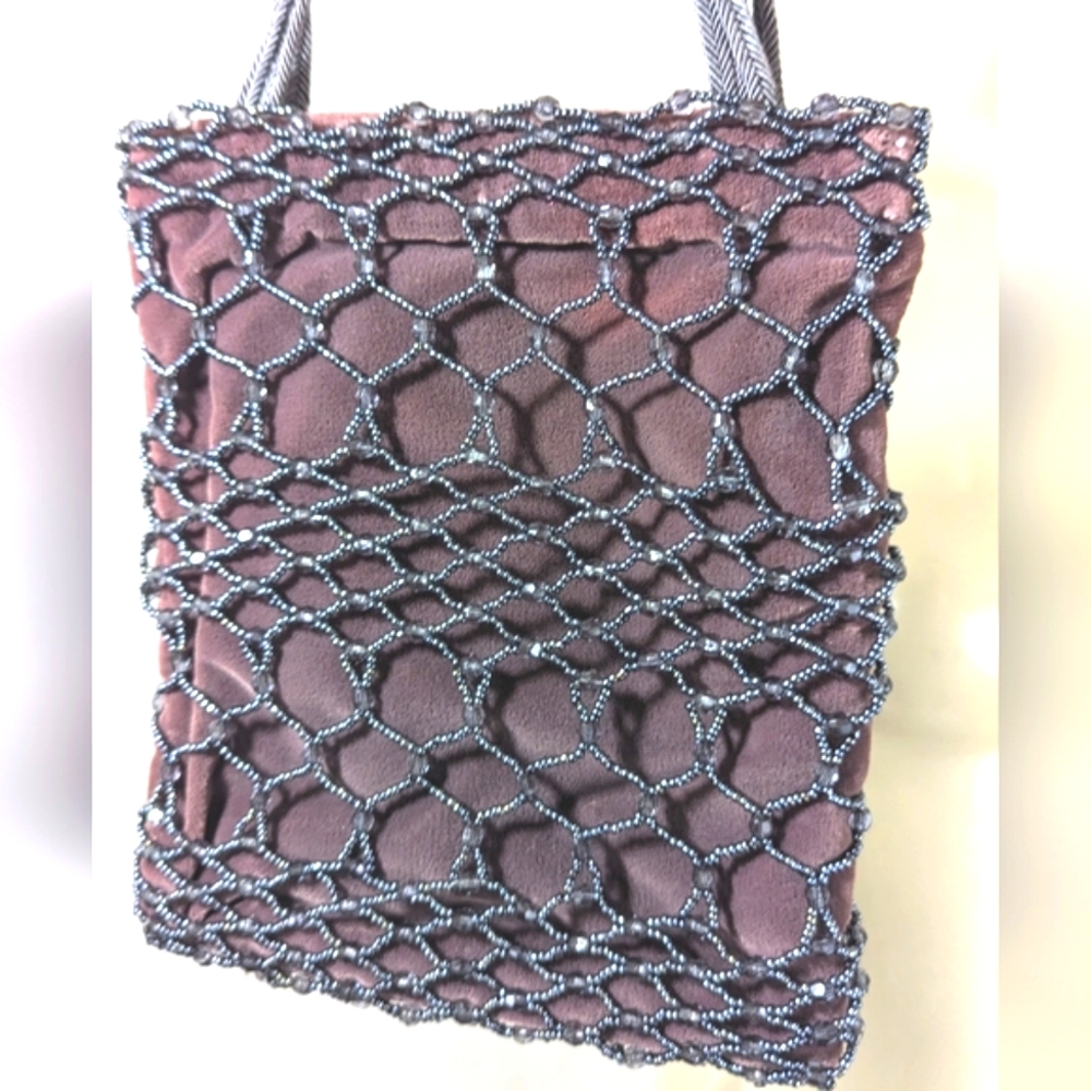 Franchi Slate Grey Muted Purple Mini Beaded Bag with Satin Interior